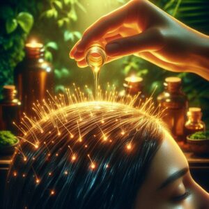 massaging the scalp with drops of glowing coconut oil