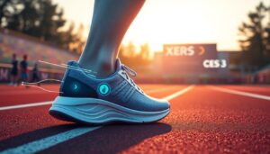 A runner's foot wearing the innovative Xero XB+ SmartShoe is on a track during sunset. The blue shoe features digital elements for running form optimization. In the background, a scoreboard reads "XERS" and "CES 2025".