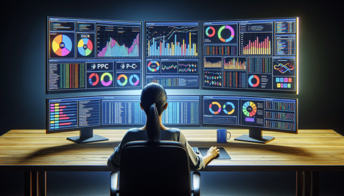 A digital marketer analyzing PPC and SEO data on dual screens, showcasing graphs and keywords.