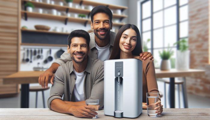 A sleek, modern Brand C water purifier in a minimalist kitchen, popular among budget-conscious consumers.