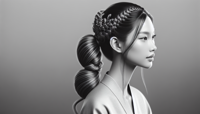 Elegant woman with a high, sleek ponytail, adorned with braids, twists, and soft tendrils.