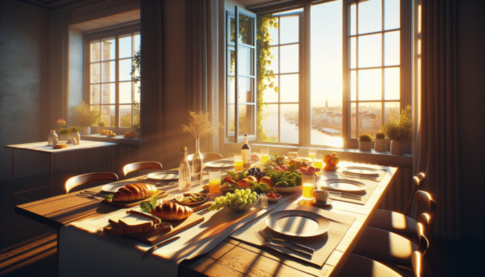 A meal on a table near a window, illuminated by the soft, golden light of the golden hour, enhancing the vibrancy of the food.