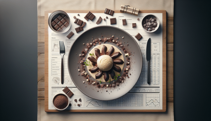 A beautifully arranged dessert plate with chocolate shavings and ice cream, framed by fresh herbs and stylish napkins.