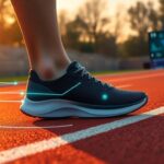 At sunrise on the track, a person wearing high-tech running shoes with digital indicators stands poised. Nearby, "CES 2025" glows on a distant screen. These could be Xero Shoes designed for enhanced sensation, providing an edge even to those grappling with neuropathy.
