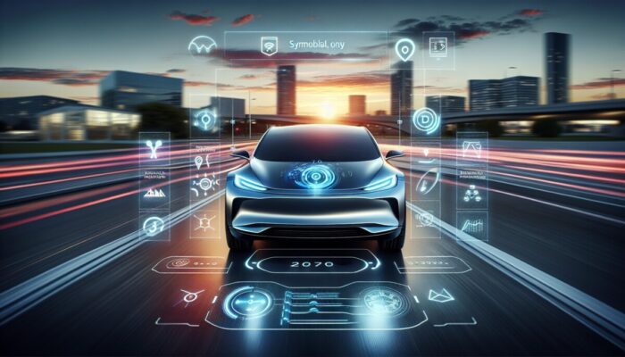 A sleek electric vehicle showcasing a futuristic dashboard, smoothly cruising through a city at dusk.
