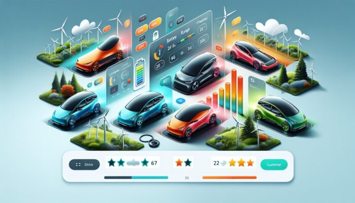 A modern website displaying electric vehicles with details on battery range, charging, and customer ratings.