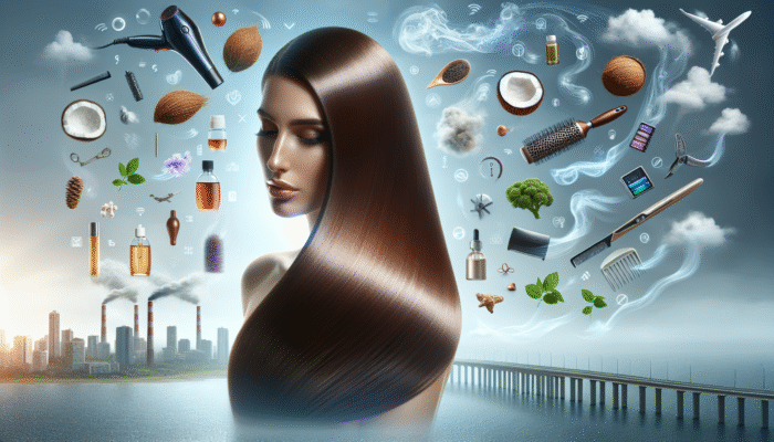 Woman showcasing healthy, shiny hair enhanced by coconut and argan oil amidst environmental stressors and styling tools.