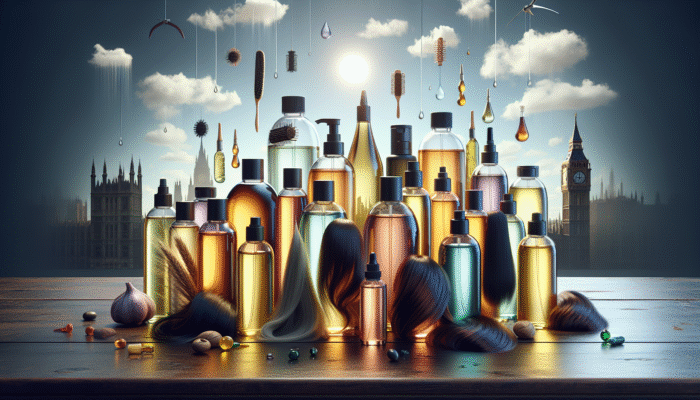 Bottles of hair oils on a wooden table, labelled with benefits, various hair types, set against a UK weather backdrop.