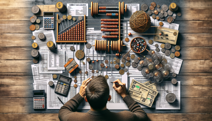 How Much Debt Do You Need to Consolidate: A UK Guide | DCL An individual compiling a detailed list of debts on a cluttered desk with financial documents and a calculator.