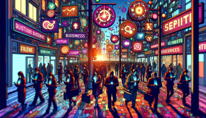 A busy street with varied business signs capturing the attention of smartphone-using customers through Google Business Categories.