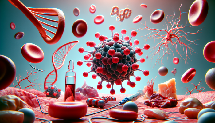 Illustration of Vitamin B12 with red blood cells, DNA, nerve fibers, and animal products.