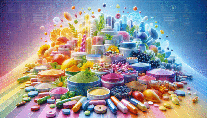 A vibrant display of dietary supplements presented in capsules, tablets, and powders against a colourful background.
