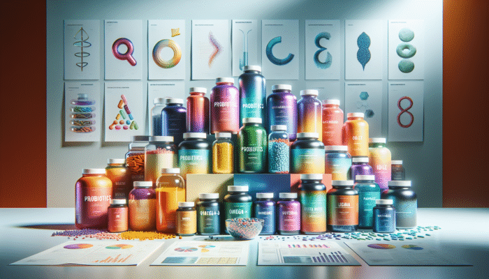 Variety of specialty supplement bottles featuring probiotics, omega-3, and protein powders on a health-oriented backdrop.