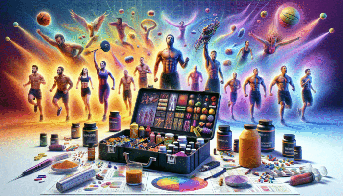 A toolkit labelled "Recovery Stacks" with supplements, surrounded by athletes showcasing muscle recovery and vitality.