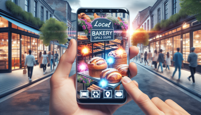 A local bakery's Google My Business profile on a smartphone, showcasing pastries, hours, and reviews, situated on a bustling street.