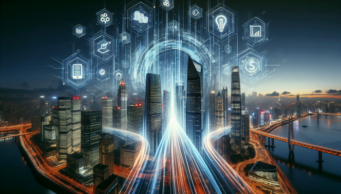 Debt Consolidation Loans from Fintech Companies: A Guide | DCL Futuristic cityscape with fintech logos on skyscrapers, data streams symbolising efficient debt consolidation.