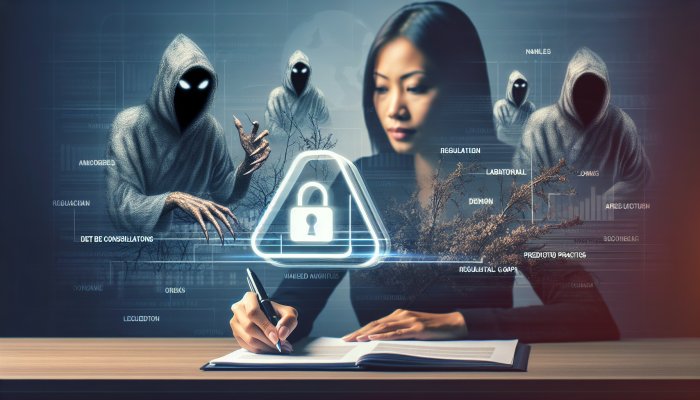 Debt Consolidation Loans from Fintech Companies: A Guide | DCL Person signing fintech loan, shadowy figures symbolising regulatory gaps and predatory risks.