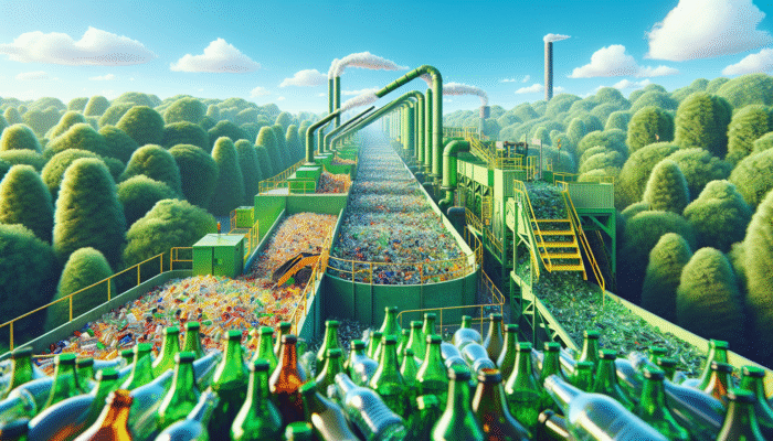 Recycling Glass in UK House Clearances: Glass bottles being recycled in a UK facility, surrounded by lush greenery and clear skies, symbolising environmental benefits.