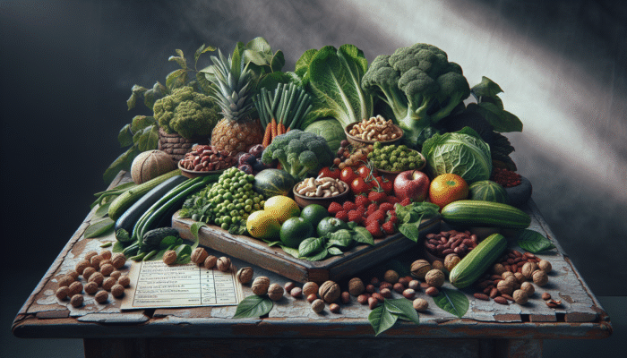 A variety of nutrient-dense foods on a rustic table, symbolising survival meal planning.