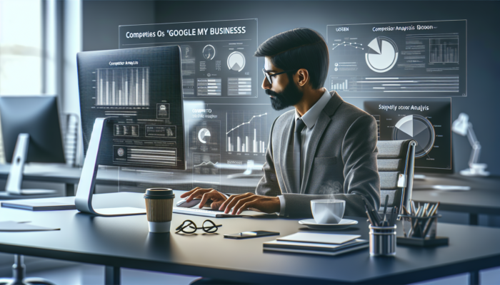 A business professional analysing competitor Google My Business profiles on a computer, with graphs and keywords, in a modern office.