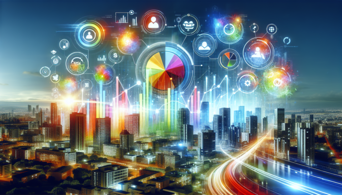 A vibrant Bing business profile with graphs illustrating increased traffic and trust, set against a lively urban backdrop.