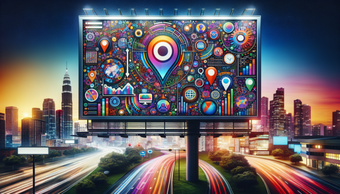 A vibrant digital billboard featuring "Boost Your Local SEO with Bing My Business" alongside SEO icons against a cityscape at dusk.