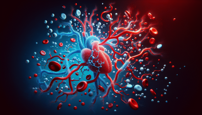 Illustration depicting nitric oxide molecules enhancing cardiovascular health in blood vessels, represented with red and blue colours.