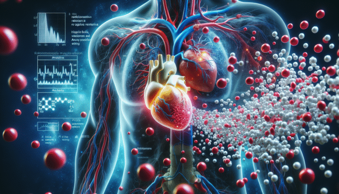 Illustration depicting nitric oxide improving blood flow and alleviating symptoms in a heart affected by cardiovascular diseases.
