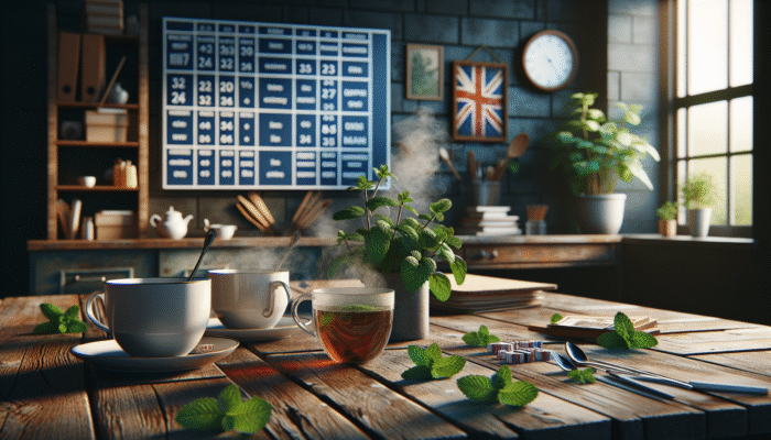 Cozy British kitchen with steaming peppermint tea and fresh, dried leaves on a wooden table.
