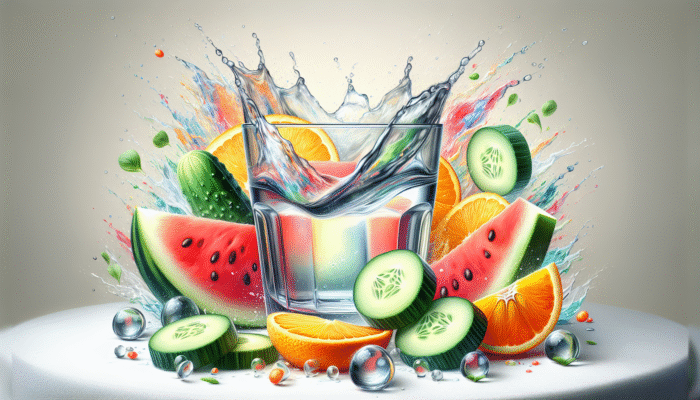 A glass of water with cucumber, orange, and watermelon slices, symbolising hydration for hair health.