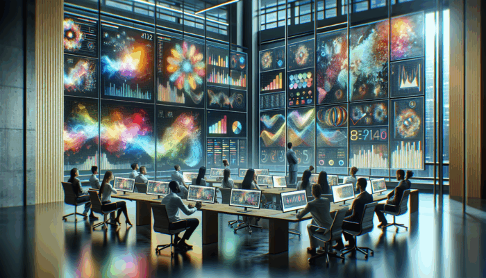 Modern office with digital dashboard displaying graphs and competitor data, professionals analysing Google Business profiles.