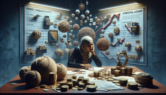 A person anxiously reviewing a credit report with many hard inquiries in a tense office setting.