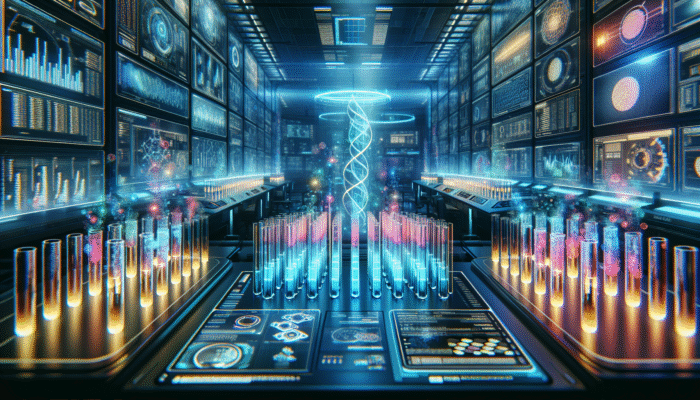 A modern laboratory featuring glowing test tubes and digital screens displaying protein absorption data.