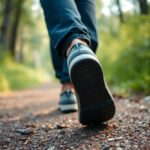 A close-up view of a person walking on a gravel path in a forest, showing the sole of one shoe and the lower part of their trousers. The surroundings are green and slightly out of focus.