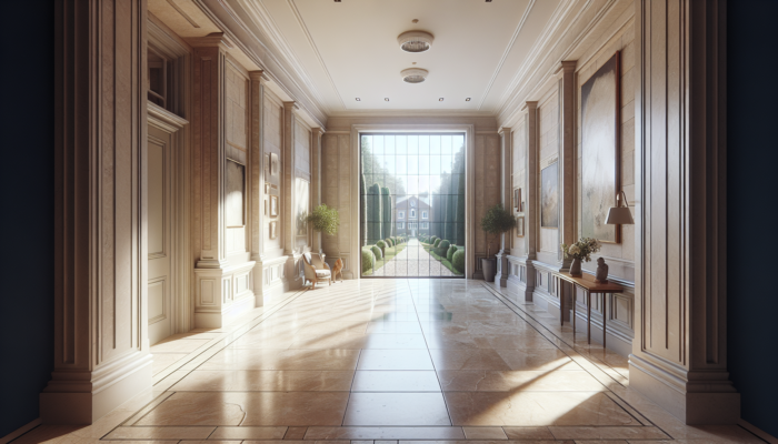Durable travertine tiles in a luxurious UK home hallway, illustrating natural stone texture and enduring beauty.