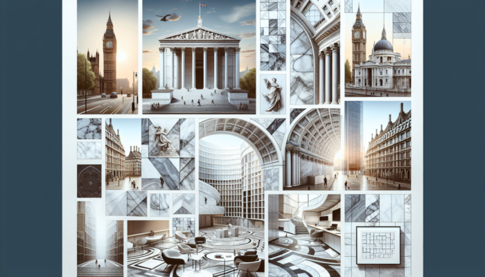 Montage of UK architecture with marble: St. Paul's columns, British Museum flooring, modern facades.