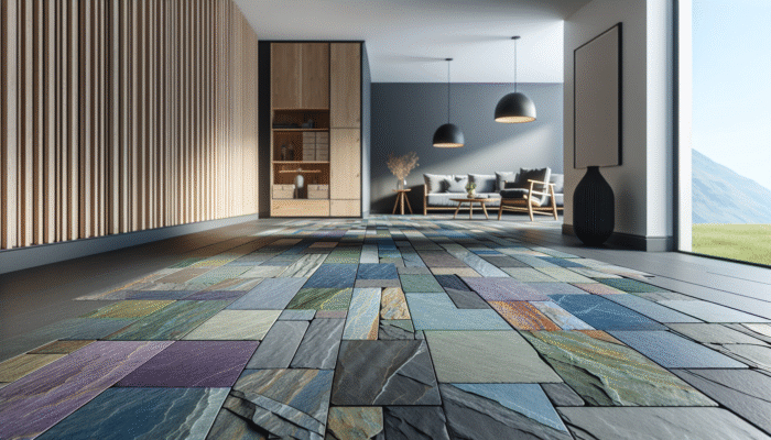 Slate Floor Care: Welsh slate flooring in a modern UK home, showcasing a variety of deep blues, purples, greens, and greys.