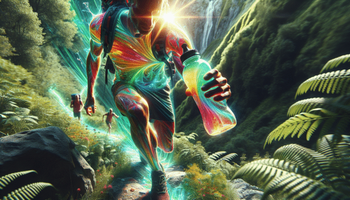 A hiker drinking colourful electrolyte solution on a rugged trail, surrounded by lush greenery.
