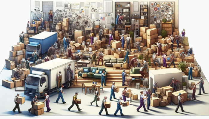Workers efficiently clearing a home, packing items into a truck amidst moving boxes and furniture.