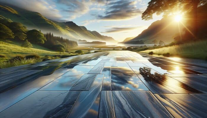 A scenic Inverclyde landscape showcasing a luxurious, waterproofed stone floor reflecting vibrant surroundings, highlighting durability and protection.