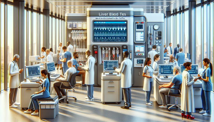 Modern Salford healthcare facility with advanced liver blood test equipment and diverse patients receiving personalized care.