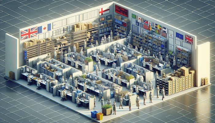 Detailed assessment of a UK office with staff evaluating essential areas and sorting items for use, storage, or disposal.