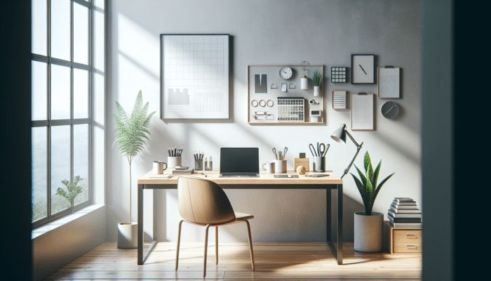 A minimalist desk featuring a laptop, plant, and office supplies in a bright, spacious room with large windows.