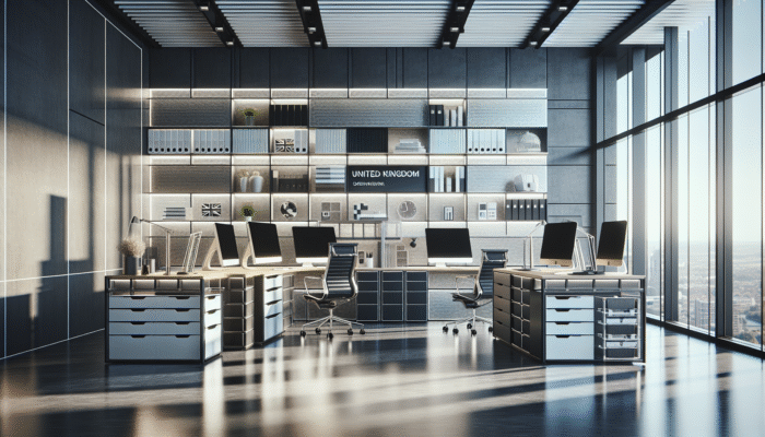 Modern UK office featuring multifunctional furniture, vertical shelving, and digital screens to reduce clutter.