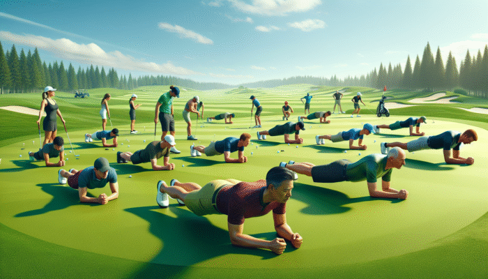 Golfers performing side and forearm planks on a golf course, enhancing core strength.