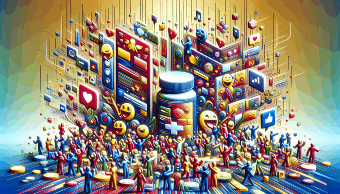 Using Humour in Supplement Social Media Campaigns: A vibrant social media interface showcasing humorous supplement brand posts, increasing user engagement and shares across diverse demographics.