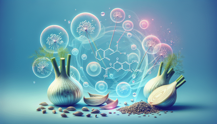 Illustration of glowing fennel bulbs and seeds with anethole, fenchone, estragole molecules on a pastel blue background, symbolizing bloating relief.