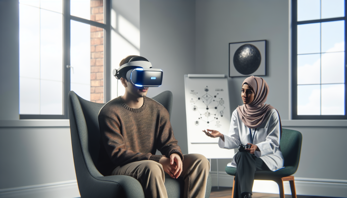Person using VR headset in a UK clinic, managing anxiety with therapist's guidance.