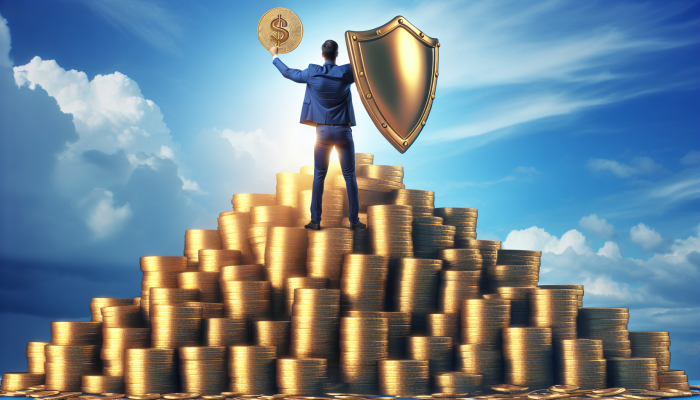 Techniques to Avoid New Debt After Consolidation: A Guide | DCL A person on a gold coin mountain, symbolising financial security, with a shield representing an emergency fund.
