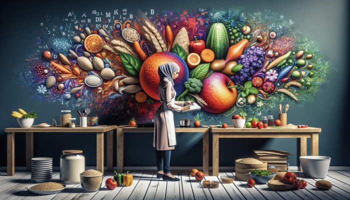 A nutritionist planning colourful high-fibre meals with whole grains, fruits, and vegetables.